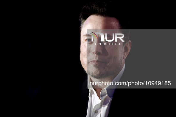 Elon Musk, owner of Tesla and the X (formerly Twitter) platform, attends a symposium on fighting antisemitism titled 'Never Again : Lip Serv...