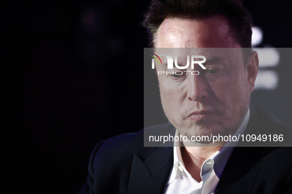 Elon Musk, owner of Tesla and the X (formerly Twitter) platform, attends a symposium on fighting antisemitism titled 'Never Again : Lip Serv...