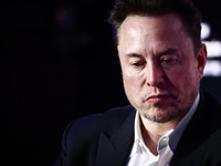 Elon Musk, owner of Tesla and the X (formerly Twitter) platform, attends a symposium on fighting antisemitism titled 'Never Again : Lip Serv...