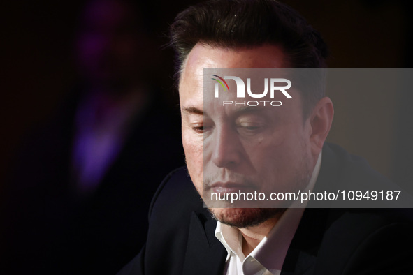 Elon Musk, owner of Tesla and the X (formerly Twitter) platform, attends a symposium on fighting antisemitism titled 'Never Again : Lip Serv...