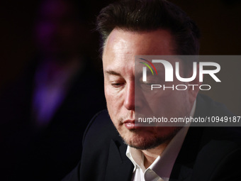 Elon Musk, owner of Tesla and the X (formerly Twitter) platform, attends a symposium on fighting antisemitism titled 'Never Again : Lip Serv...