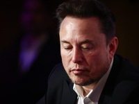 Elon Musk, owner of Tesla and the X (formerly Twitter) platform, attends a symposium on fighting antisemitism titled 'Never Again : Lip Serv...