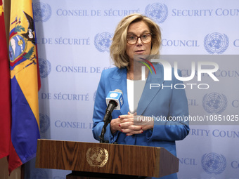 Ms. Sigrid Kaag, Senior Humanitarian and Reconstruction Coordinator for Gaza speaks to the press at the United Nations Headquarters on Janua...