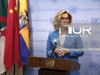 Ms. Sigrid Kaag, Senior Humanitarian and Reconstruction Coordinator for Gaza speaks to the press at the United Nations Headquarters on Janua...