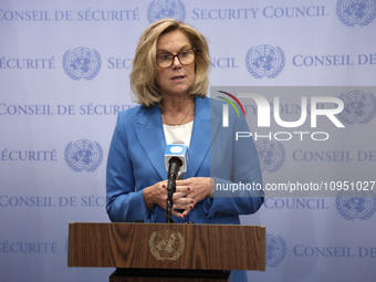 Ms. Sigrid Kaag, Senior Humanitarian and Reconstruction Coordinator for Gaza speaks to the press at the United Nations Headquarters on Janua...