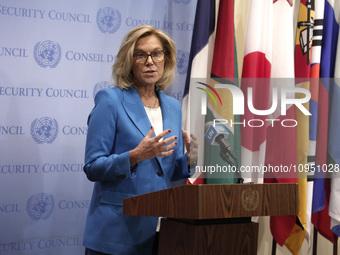 Ms. Sigrid Kaag, Senior Humanitarian and Reconstruction Coordinator for Gaza speaks to the press at the United Nations Headquarters on Janua...