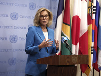 Ms. Sigrid Kaag, Senior Humanitarian and Reconstruction Coordinator for Gaza speaks to the press at the United Nations Headquarters on Janua...