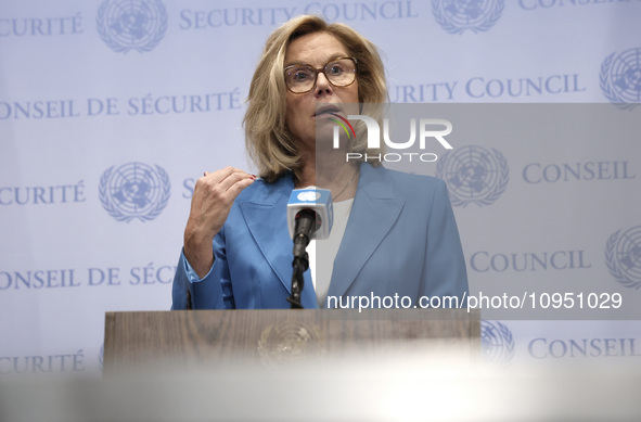 Ms. Sigrid Kaag, Senior Humanitarian and Reconstruction Coordinator for Gaza speaks to the press at the United Nations Headquarters on Janua...