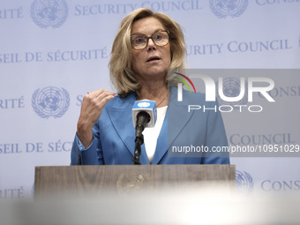 Ms. Sigrid Kaag, Senior Humanitarian and Reconstruction Coordinator for Gaza speaks to the press at the United Nations Headquarters on Janua...