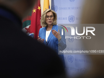 Ms. Sigrid Kaag, Senior Humanitarian and Reconstruction Coordinator for Gaza speaks to the press at the United Nations Headquarters on Janua...