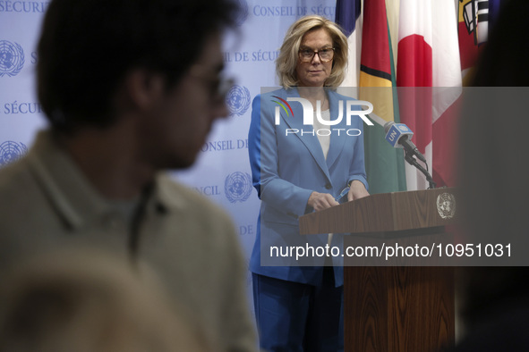 Ms. Sigrid Kaag, Senior Humanitarian and Reconstruction Coordinator for Gaza speaks to the press at the United Nations Headquarters on Janua...