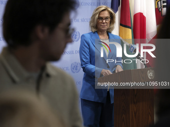 Ms. Sigrid Kaag, Senior Humanitarian and Reconstruction Coordinator for Gaza speaks to the press at the United Nations Headquarters on Janua...