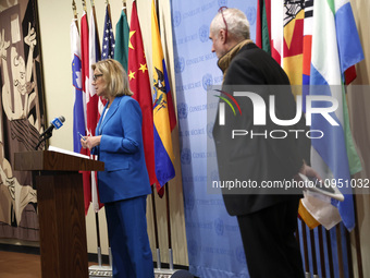 Ms. Sigrid Kaag, Senior Humanitarian and Reconstruction Coordinator for Gaza speaks to the press at the United Nations Headquarters on Janua...