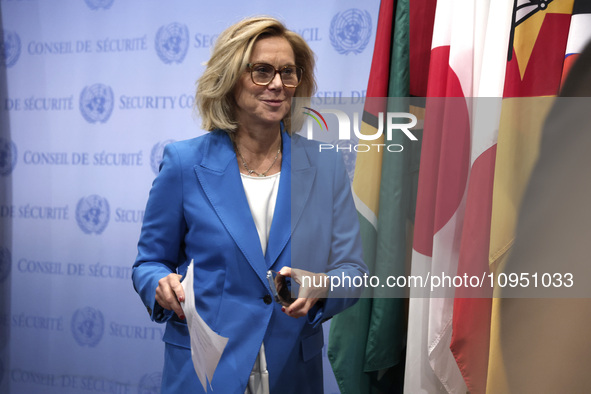 Ms. Sigrid Kaag, Senior Humanitarian and Reconstruction Coordinator for Gaza speaks to the press at the United Nations Headquarters on Janua...