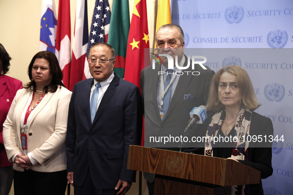 Chinese permanent representative to the UN Zhang Jun attends as Nathalie Estival-Broadhurst, Deputy Permanent Representative of France speak...