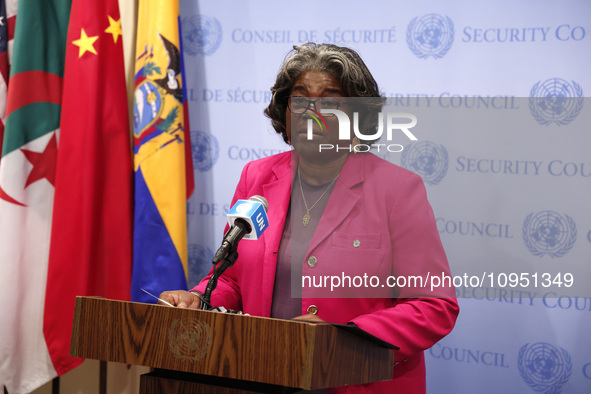 Permanent epresentative of the United States to the UN Ambassador Linda Thomas-Greenfield speaks during a Ms. Sigrid Kaag, Senior Humanitari...