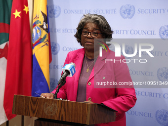 Permanent epresentative of the United States to the UN Ambassador Linda Thomas-Greenfield speaks during a Ms. Sigrid Kaag, Senior Humanitari...