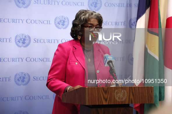 Permanent epresentative of the United States to the UN Ambassador Linda Thomas-Greenfield speaks during a Ms. Sigrid Kaag, Senior Humanitari...