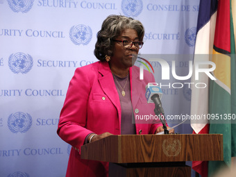 Permanent epresentative of the United States to the UN Ambassador Linda Thomas-Greenfield speaks during a Ms. Sigrid Kaag, Senior Humanitari...