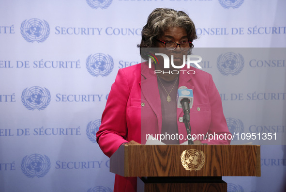 Permanent epresentative of the United States to the UN Ambassador Linda Thomas-Greenfield speaks during a Ms. Sigrid Kaag, Senior Humanitari...