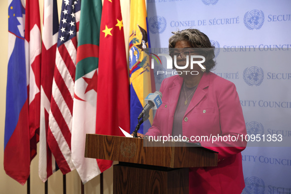 Permanent epresentative of the United States to the UN Ambassador Linda Thomas-Greenfield speaks during a Ms. Sigrid Kaag, Senior Humanitari...