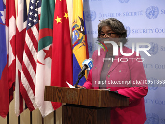 Permanent epresentative of the United States to the UN Ambassador Linda Thomas-Greenfield speaks during a Ms. Sigrid Kaag, Senior Humanitari...