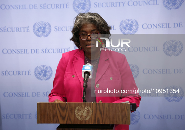 Permanent epresentative of the United States to the UN Ambassador Linda Thomas-Greenfield speaks during a Ms. Sigrid Kaag, Senior Humanitari...