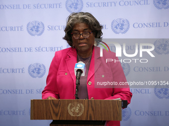 Permanent epresentative of the United States to the UN Ambassador Linda Thomas-Greenfield speaks during a Ms. Sigrid Kaag, Senior Humanitari...