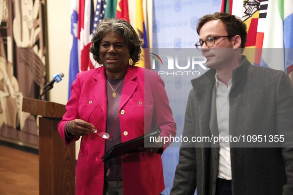 Permanent epresentative of the United States to the UN Ambassador Linda Thomas-Greenfield speaks during a Ms. Sigrid Kaag, Senior Humanitari...