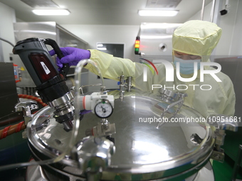 A worker is working on a drug production line at the production workshop of a pharmaceutical company in Meishan, China, on January 30, 2024....