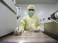 A worker is working on a drug production line at the production workshop of a pharmaceutical company in Meishan, China, on January 30, 2024....