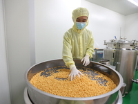 A worker is working on a drug production line at the production workshop of a pharmaceutical company in Meishan, China, on January 30, 2024....