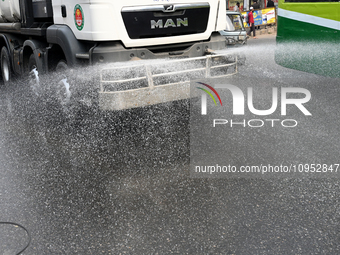 A Truck Sprays Water On A Dusty Road To Minimize Air Pollution By Dhaka North City Corporation In Dhaka, Bangladesh, On January 31, 2024. Dh...