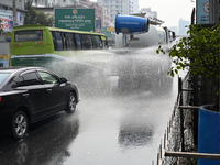 A Truck Sprays Water On A Dusty Road To Minimize Air Pollution By Dhaka North City Corporation In Dhaka, Bangladesh, On January 31, 2024. Dh...