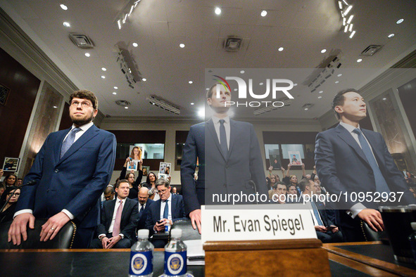 Jason Citron, Evan Spiegel, and Shou Chew (left to right), CEOs of Discord, Snap, and TikTok, participate in a Senate Judiciary Committee he...