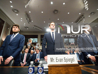 Jason Citron, Evan Spiegel, and Shou Chew (left to right), CEOs of Discord, Snap, and TikTok, participate in a Senate Judiciary Committee he...