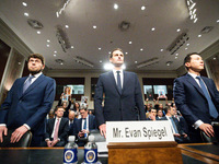 Jason Citron, Evan Spiegel, and Shou Chew (left to right), CEOs of Discord, Snap, and TikTok, participate in a Senate Judiciary Committee he...