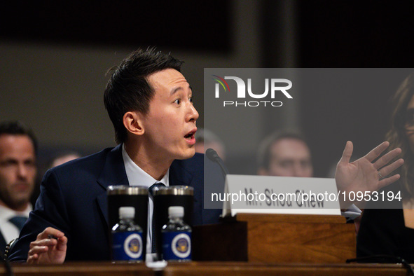 Shou Chew, CEO of TikTok, answers a question from Sen. Ted Cruz during a Senate Judiciary Committee hearing on the crisis of online child se...