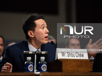 Shou Chew, CEO of TikTok, answers a question from Sen. Ted Cruz during a Senate Judiciary Committee hearing on the crisis of online child se...