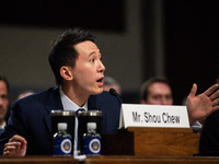 Shou Chew, CEO of TikTok, answers a question from Sen. Ted Cruz during a Senate Judiciary Committee hearing on the crisis of online child se...