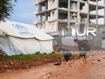 After A Year Since The Earthquake, Camps In The City Of Jindires , on January 31, 2024, Find Themselves Immersed In Mud And Clay Due To Heav...