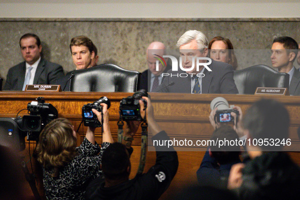 Sen. Sheldon Whitehouse (D-RI) questions CEOs of large social media companies during a Senate Judiciary Committee hearing on the crisis of o...