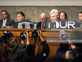 Sen. Sheldon Whitehouse (D-RI) questions CEOs of large social media companies during a Senate Judiciary Committee hearing on the crisis of o...