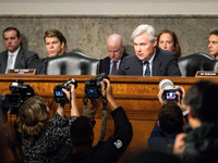 Sen. Sheldon Whitehouse (D-RI) questions CEOs of large social media companies during a Senate Judiciary Committee hearing on the crisis of o...