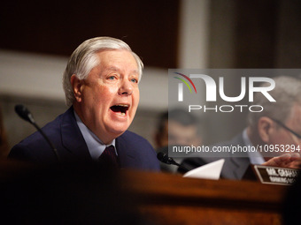 Sen. Lindsey Graham (R-SC) chastises CEOs of large social media companies during a Senate Judiciary Committee hearing on the crisis of onlin...