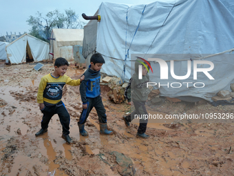 After A Year Since The Earthquake, Camps In The City Of Jindires , on January 31, 2024, Find Themselves Immersed In Mud And Clay Due To Heav...