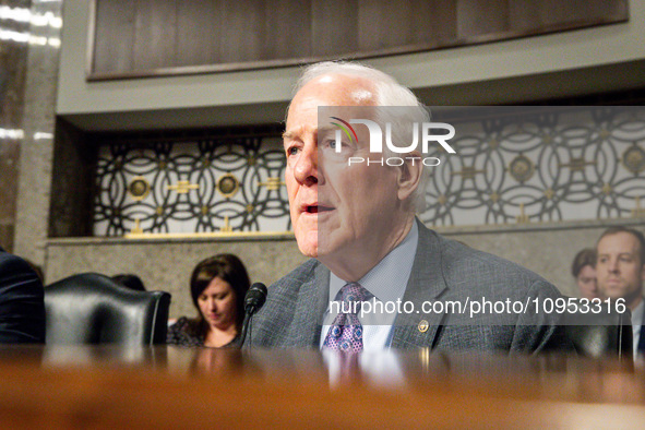 Sen. John Cornyn (R-TX) questions the CEOs of large social media companies attend a Senate Judiciary Committee hearing on the crisis of onli...