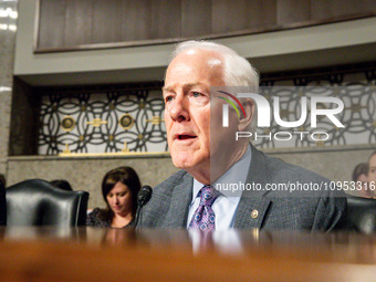 Sen. John Cornyn (R-TX) questions the CEOs of large social media companies attend a Senate Judiciary Committee hearing on the crisis of onli...