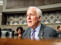 Sen. John Cornyn (R-TX) questions the CEOs of large social media companies attend a Senate Judiciary Committee hearing on the crisis of onli...