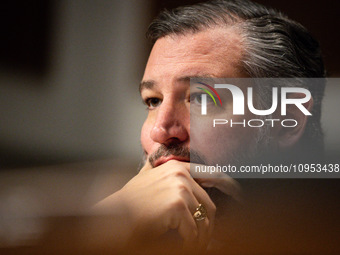 Sen. Ted Cruz (R-TX) listens as social media CEOs answer questions during a Senate Judiciary Committee hearing on the crisis of online child...